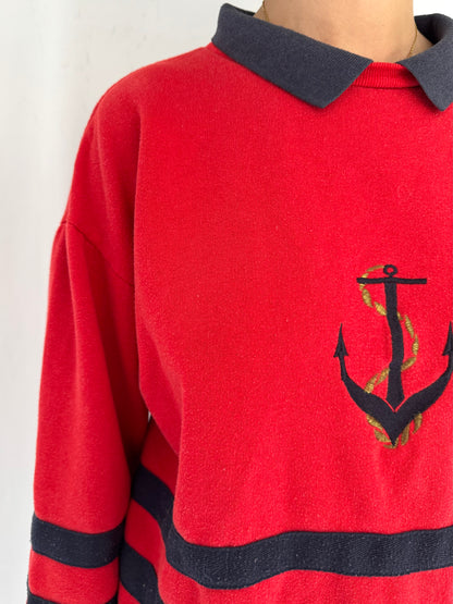 90s vintage red navy nautical anchor graphic pullover sweater – small, medium | sailing print long sleeved collared sweatshirt