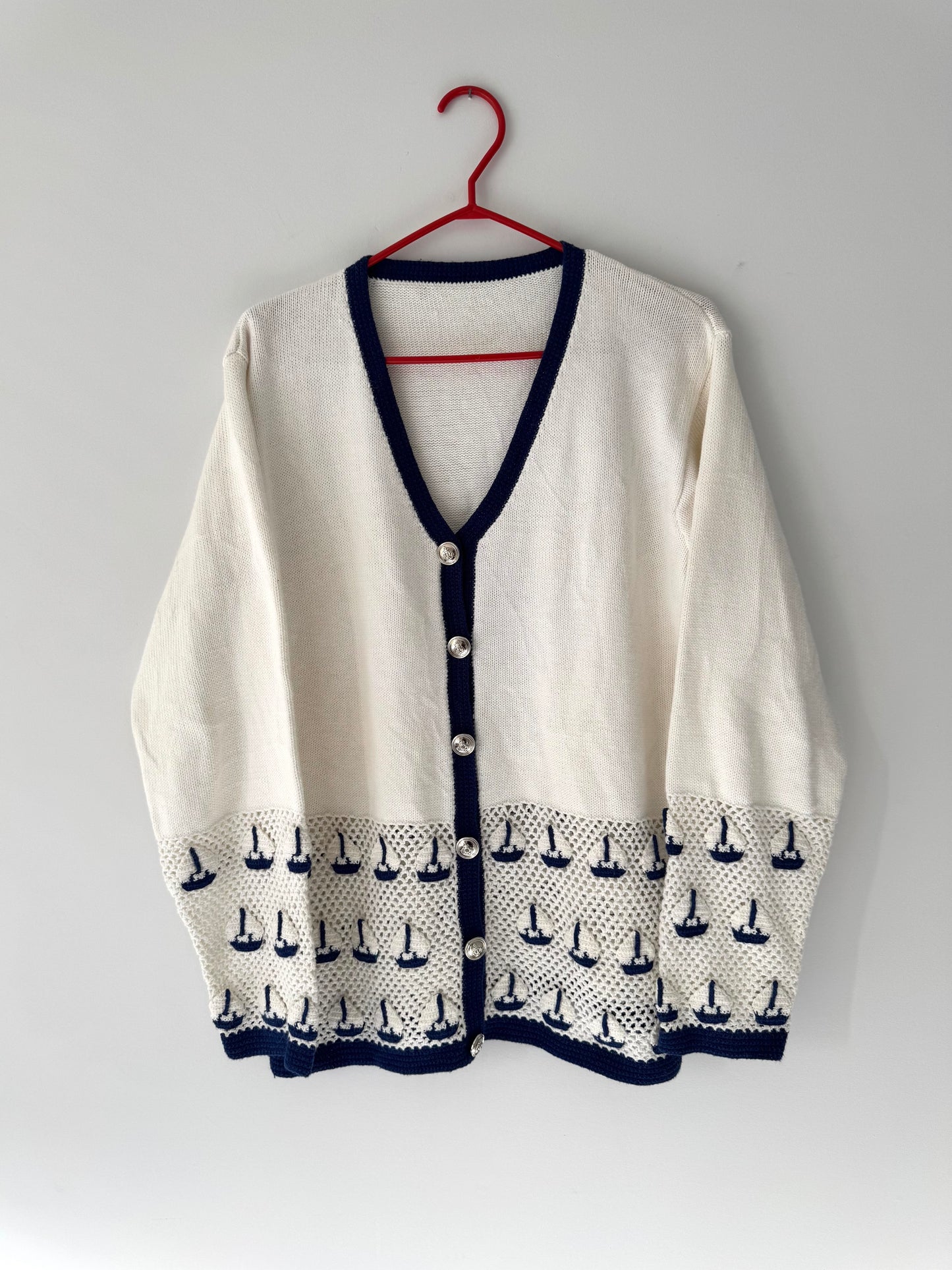 90s vintage cream navy novelty sailboat print embroidered knit cardigan