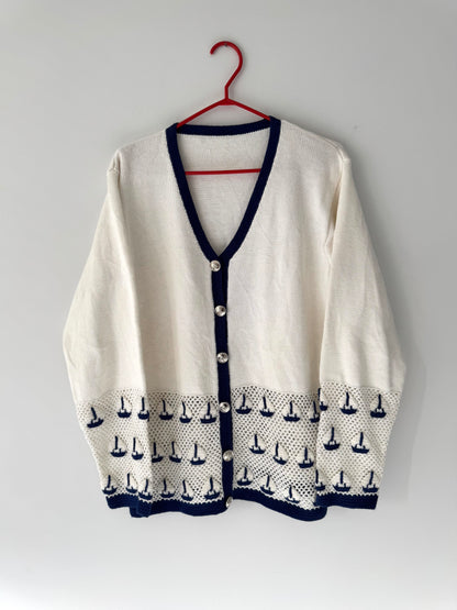 90s vintage cream navy novelty sailboat print embroidered knit cardigan