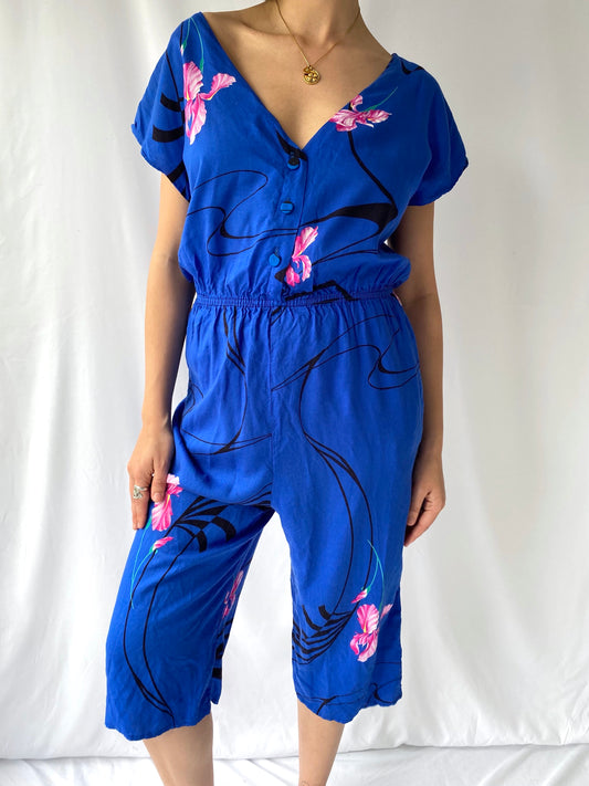 80s vintage blue Hawaiian vacation sleeveless jumpsuit – small medium | tropical Hawaii souvenir button up pantsuit