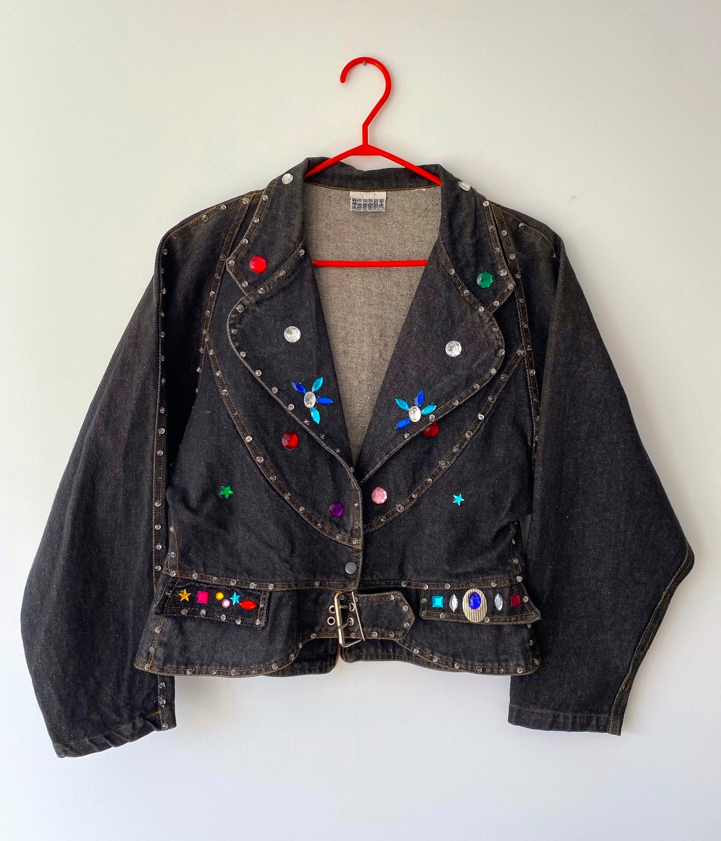 80s vintage dark grey blue denim embellished rainbow gems jacket – medium, large | retro boxy peplum studded jean blazer