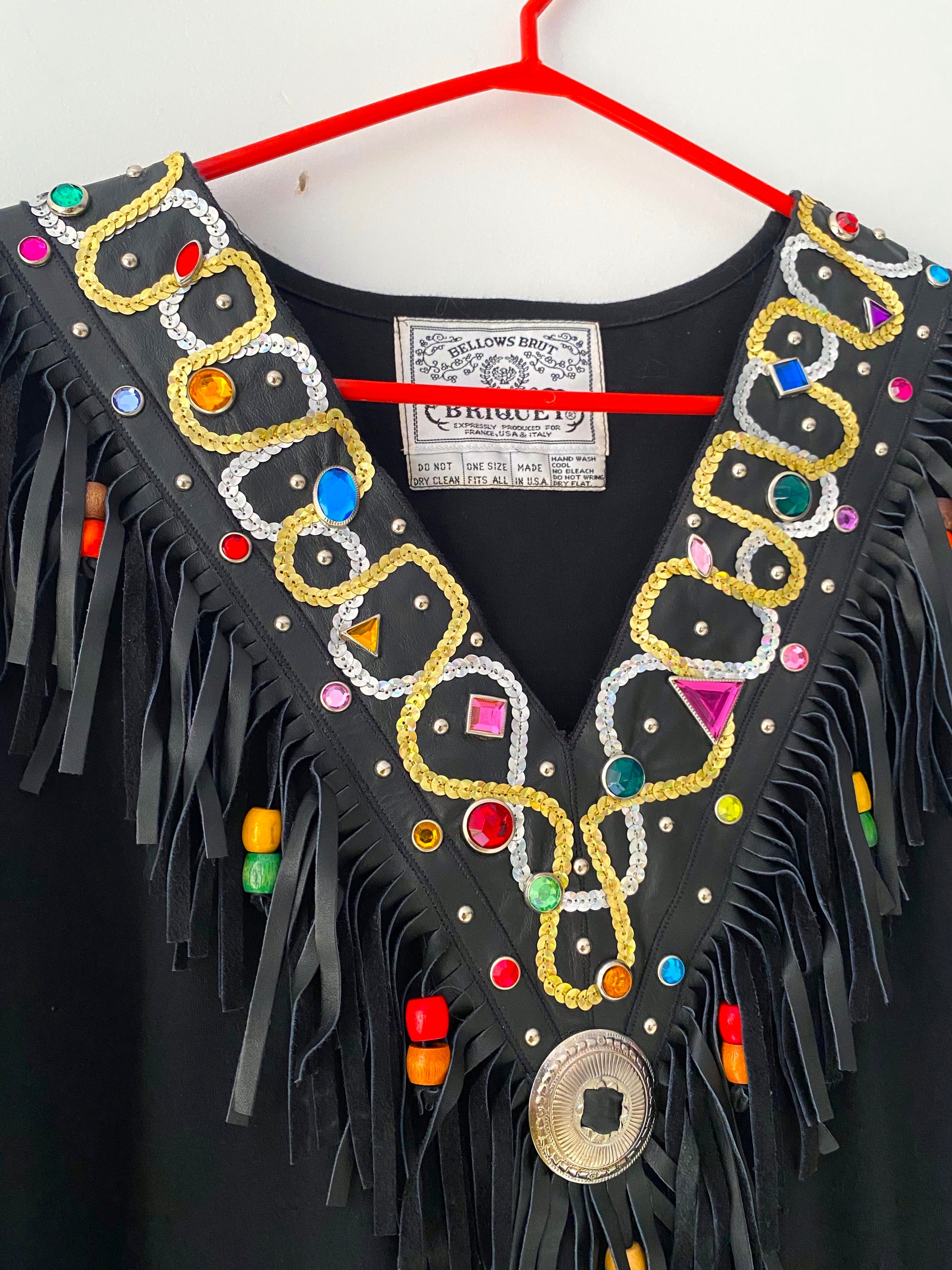 80s vintage black colorful embellished bedazzled fringe shirt