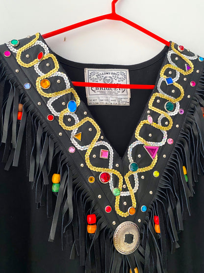 80s vintage black colorful embellished bedazzled fringe shirt