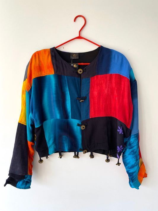 90s vintage colorful tie dye patchwork cropped jacket – medium, large | DEADSTOCK floral boho batik artsy shirt