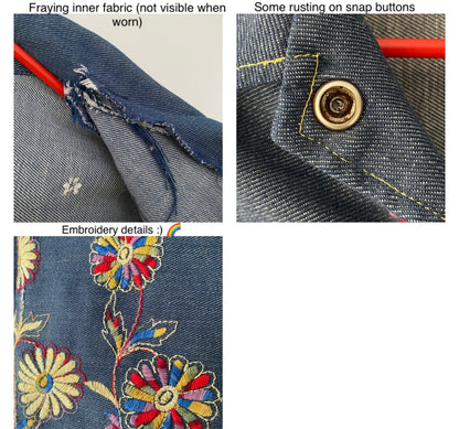 70s vintage blue denim colorful floral embroidered button up shirt