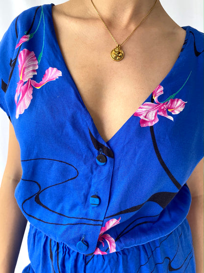 80s vintage blue Hawaiian vacation sleeveless jumpsuit – small medium | tropical Hawaii souvenir button up pantsuit