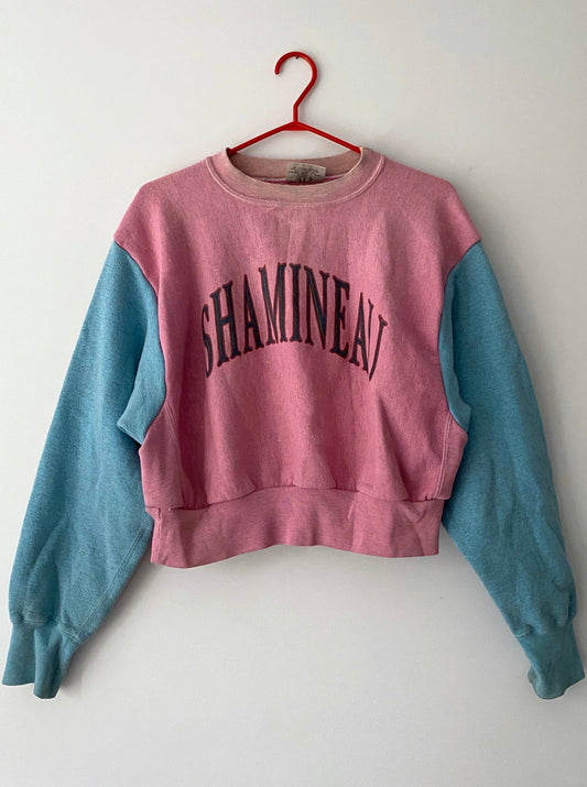 90s vintage pink blue cropped pullover sweatshirt – small medium | two tone pastel USA crewneck sweater