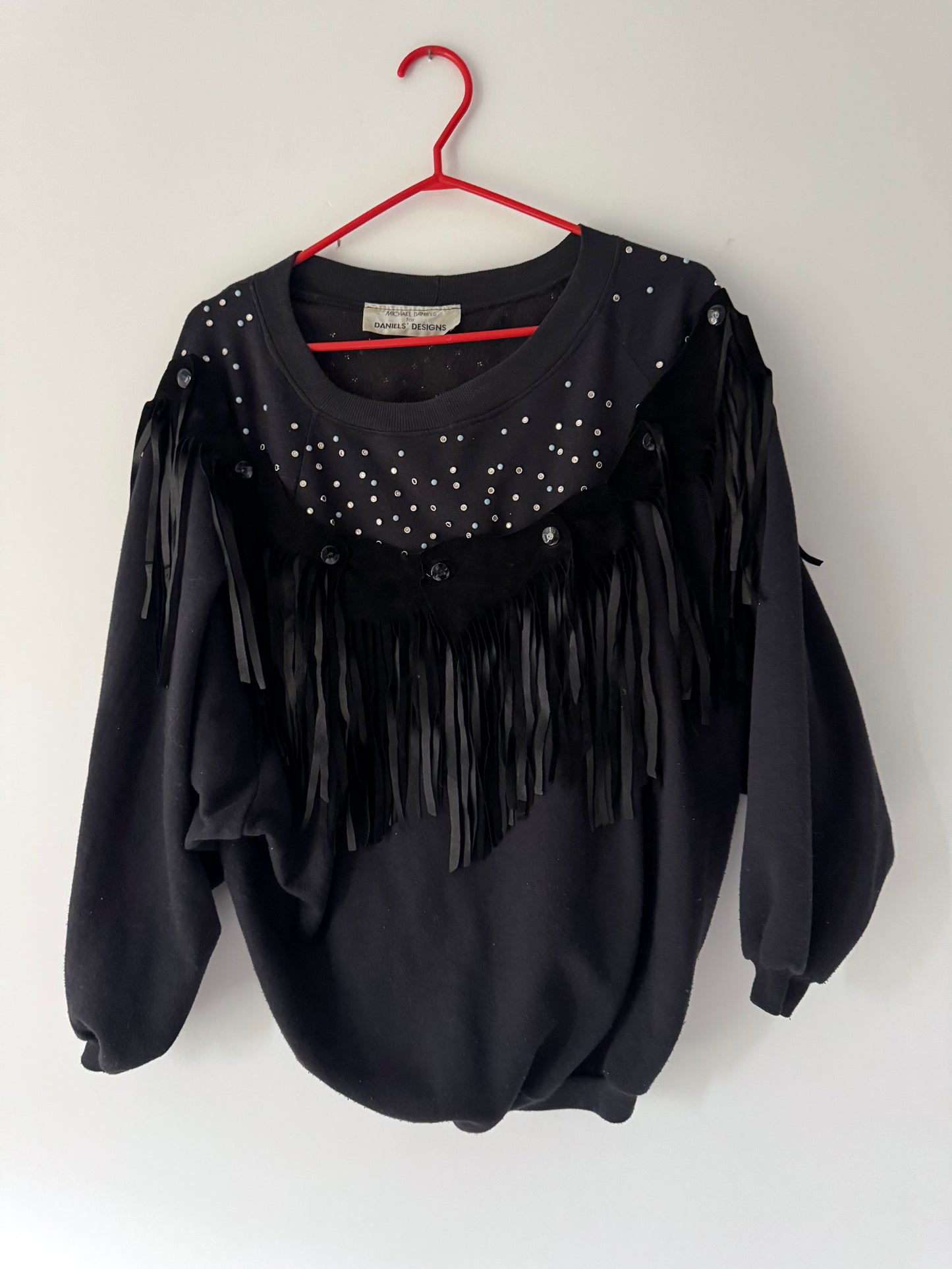 90s vintage black western suede fringe sweatshirt – medium, large | unisex funky retro embellished crewneck sweater