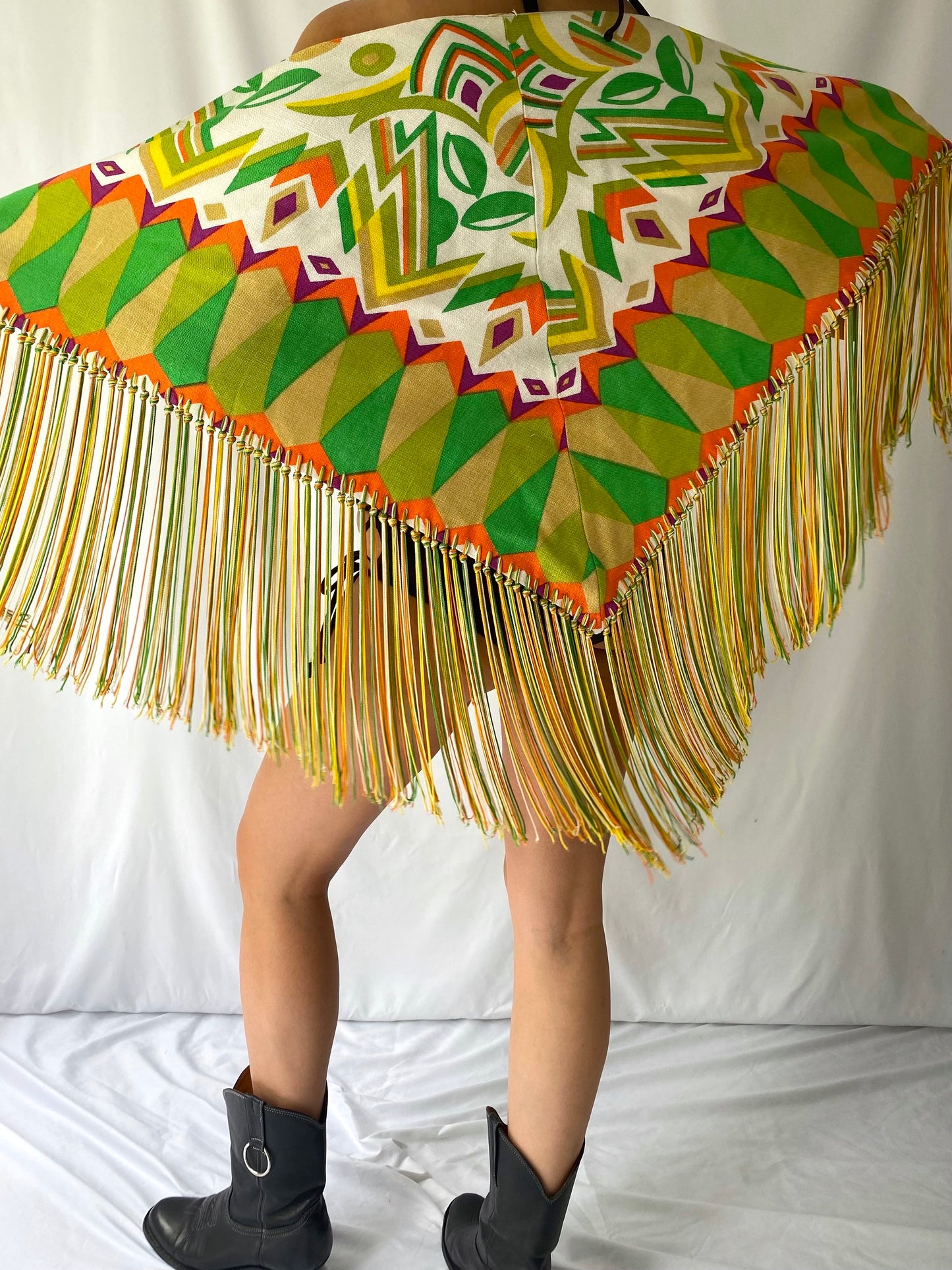 vintage unique green orange large triangle scarf with fringed hem
