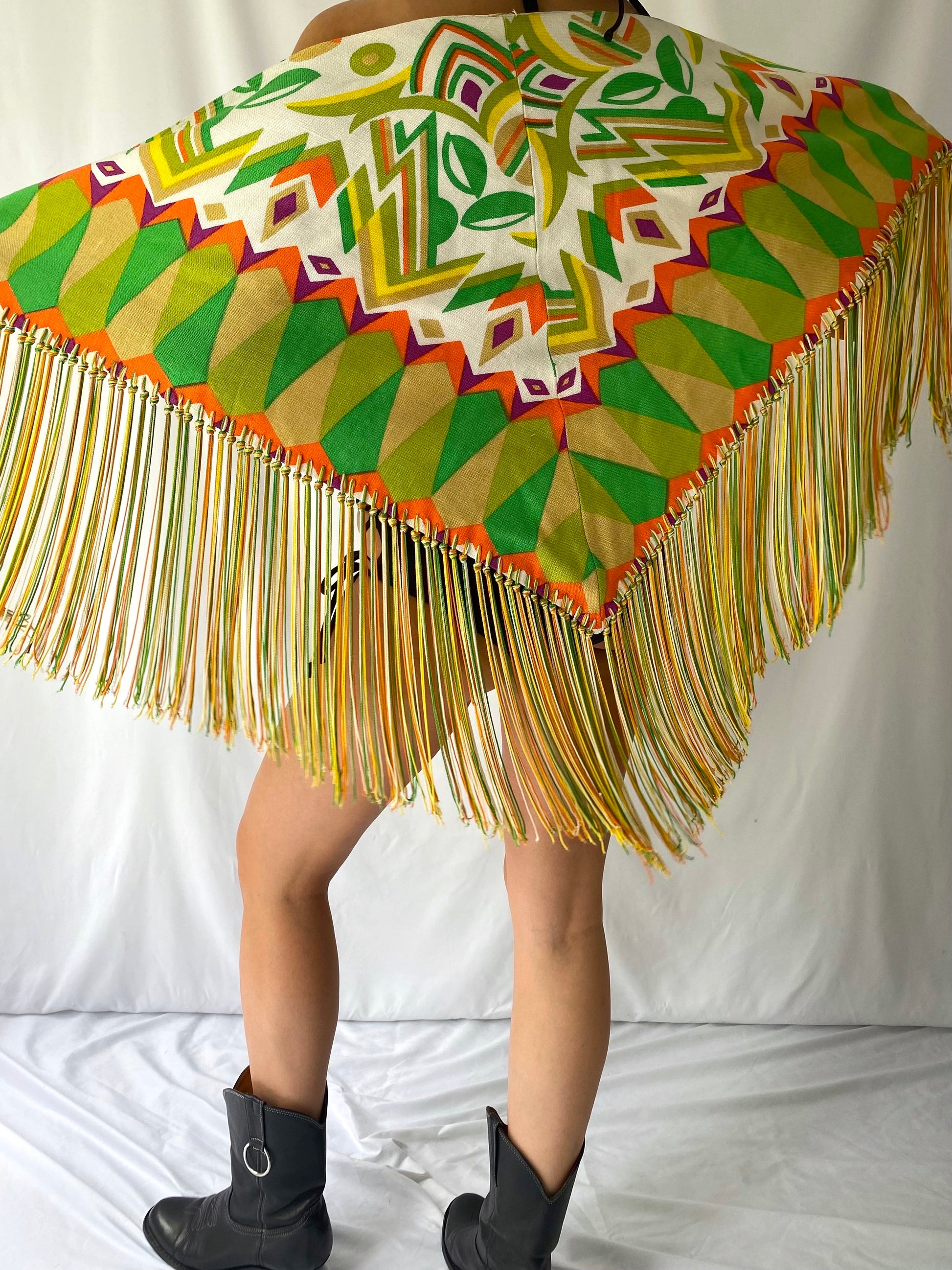 vintage unique green orange large triangle scarf with fringed hem