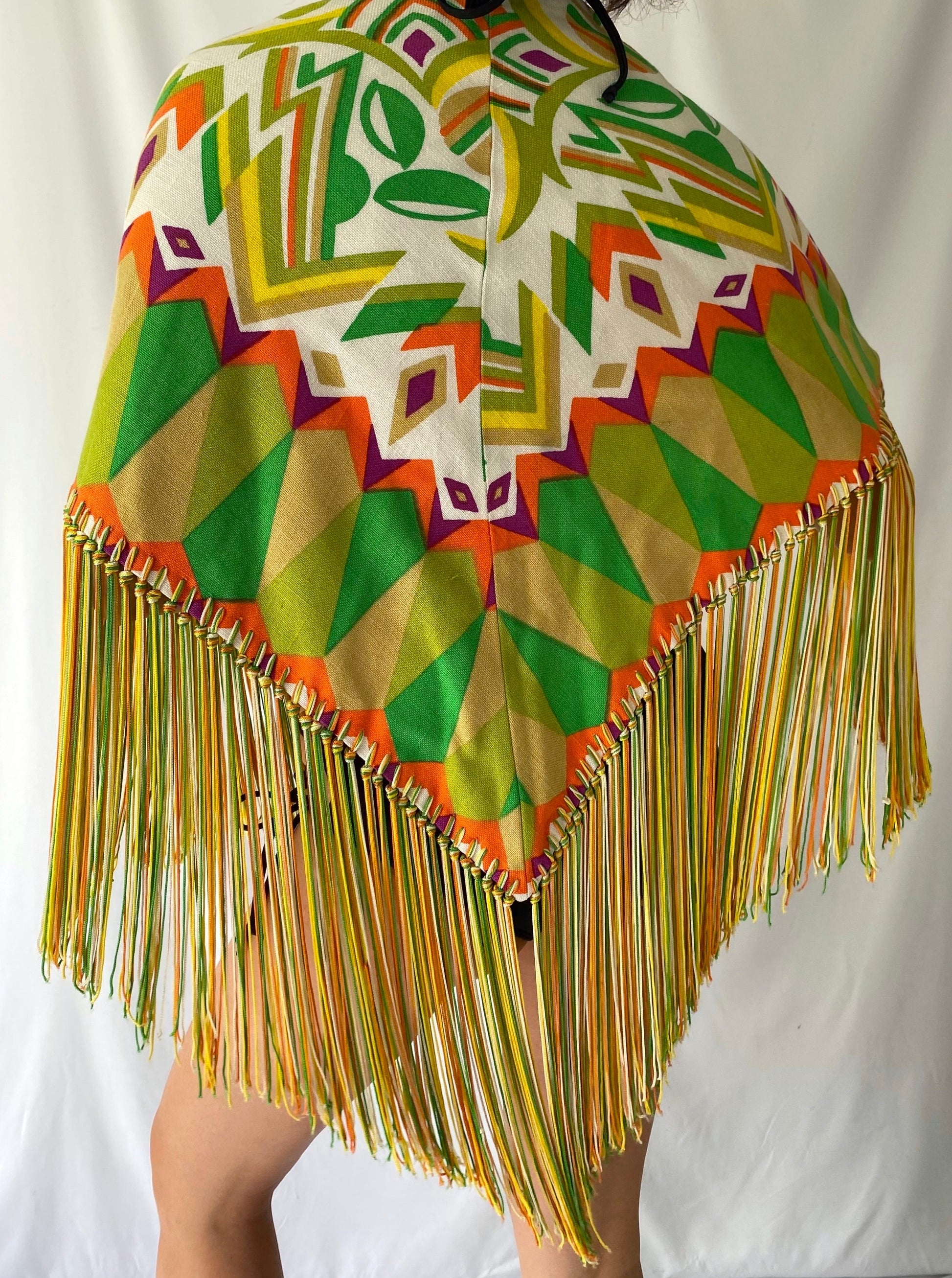 vintage unique green orange large triangle scarf with fringed hem