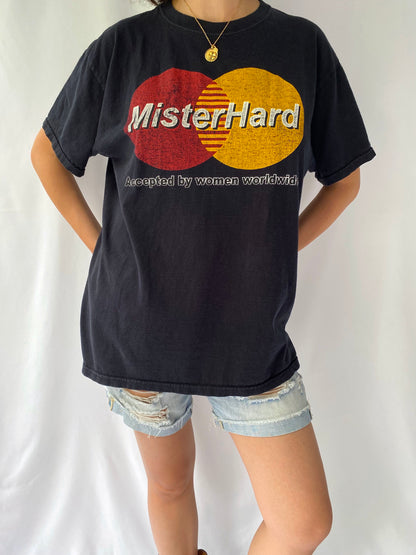 90s vintage black mister hard spellout graphic tee shirt – medium, large | novelty unisex funny adult humour short sleeved tshirt