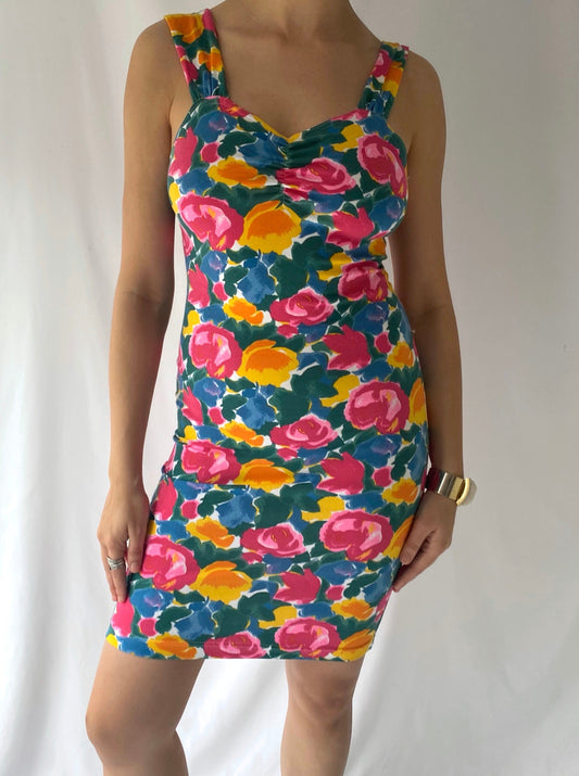 90s vintage colorful floral sleeveless short mini dress – small | deadstock bright abstract fitted stretch cotton tank dress