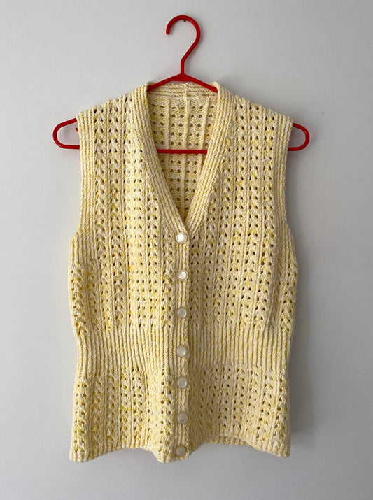 vintage handmade thick knit yellow button up sweater vest – small | pastel granny sleeveless cardigan