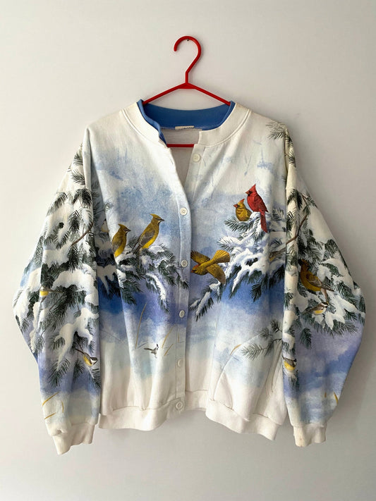 90s vintage winter snow birds graphic cardigan sweatshirt – medium, large | unisex outdoor scene cotton button up sweater