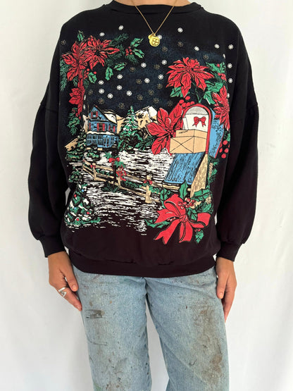 90s vintage black festive holiday scene pullover sweater – small | Christmas winter snowy landscape outdoor graphic crewneck sweatshirt