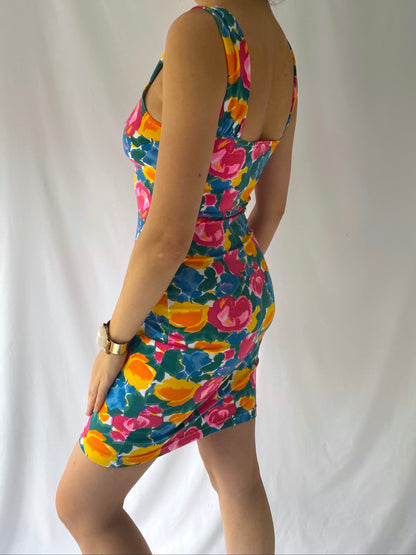 90s vintage colorful floral sleeveless short mini dress