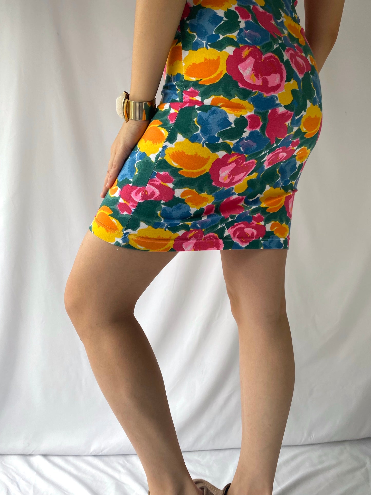 90s vintage colorful floral sleeveless short mini dress