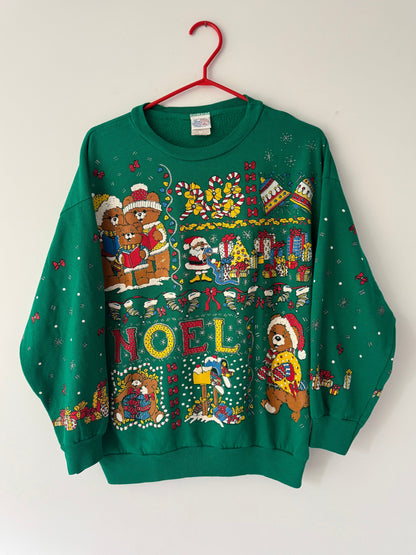 80s vintage green christmas teddy bear graphic pullover sweater – large | festive winter holiday snowy outdoor crewneck jumper