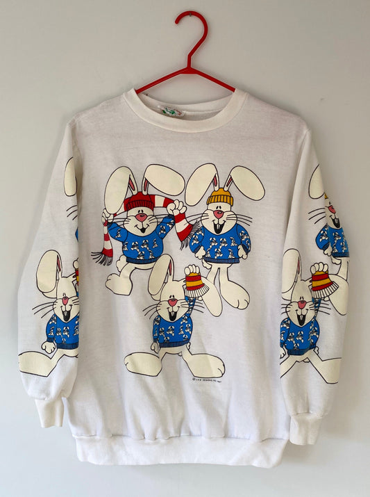 80s vintage colorful cartoon bunnies pullover sweatshirt – small, medium | printed cotton unisex crewneck sweater