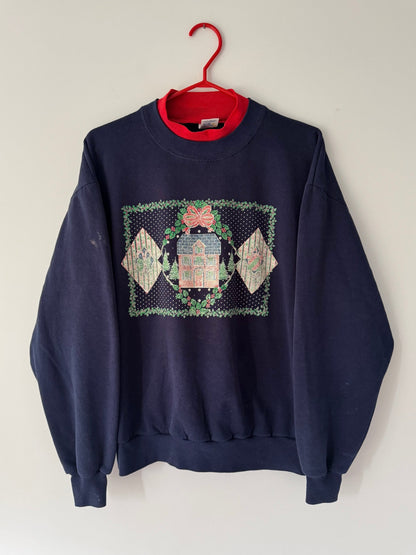 90s vintage navy blue winter holiday festive graphic pullover sweatshirt – medium, large | outdoor christmas scene cotton collared sweater