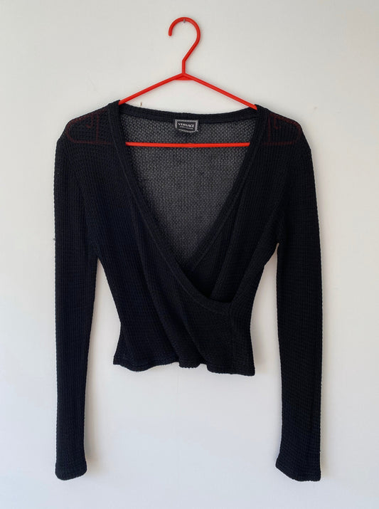 90s vintage versace jeans couture black knit crop shirt – small | long sleeved wrap plunge blouse