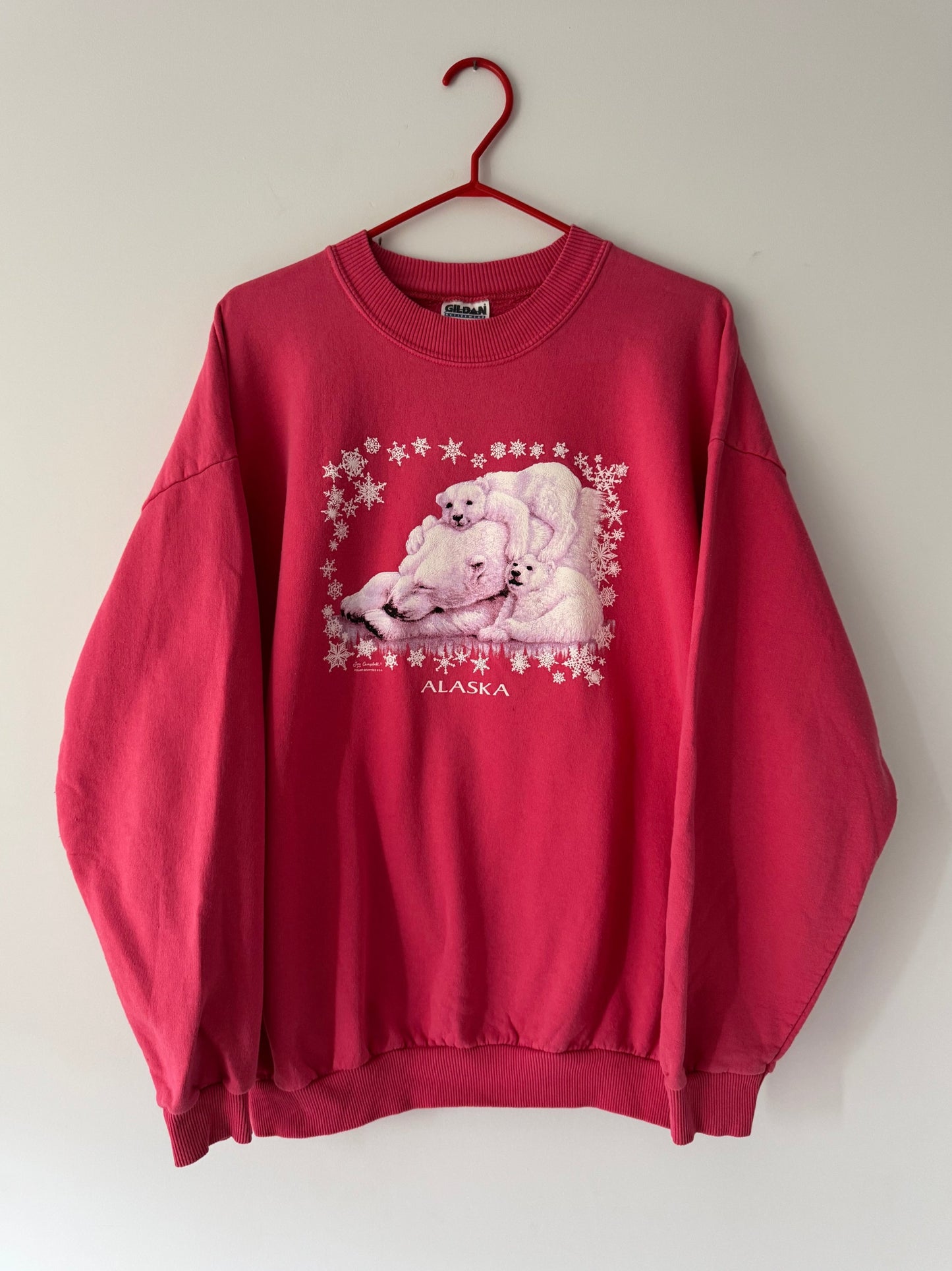 90s vintage pink alaska polar bears pullover sweatshirt – extra large | unisex snowy winter graphic crewneck sweater