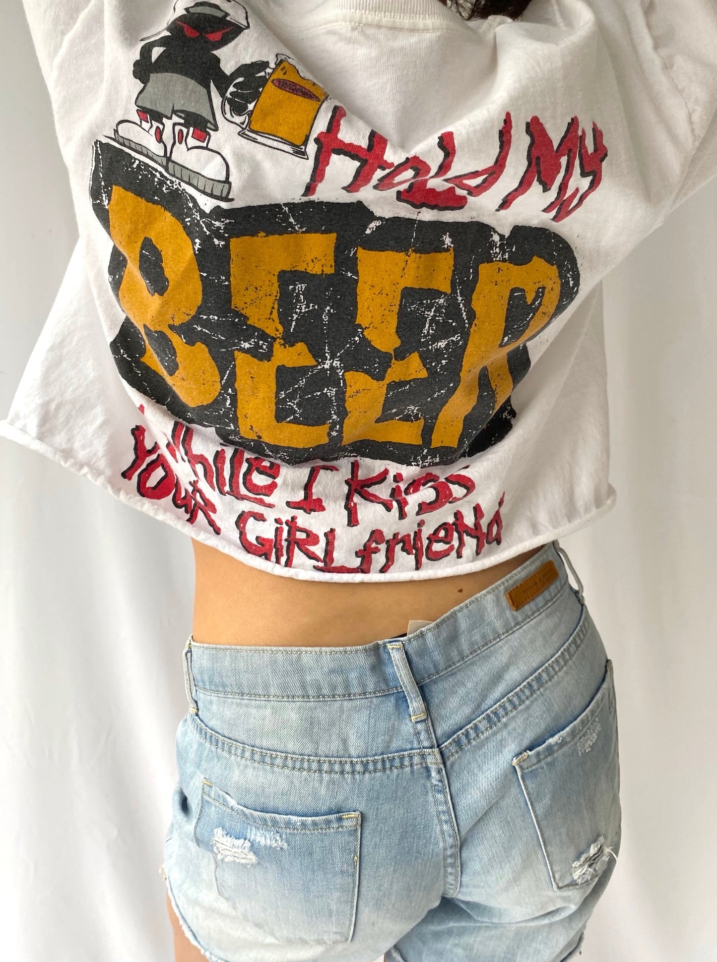 90s vintage white hold my beer kiss your girlfriend cropped tee shirt | unisex graphic spellout cotton tshirt