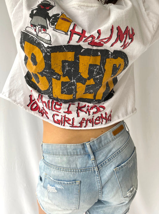 90s vintage white hold my beer kiss your girlfriend cropped tee shirt | unisex graphic spellout cotton tshirt