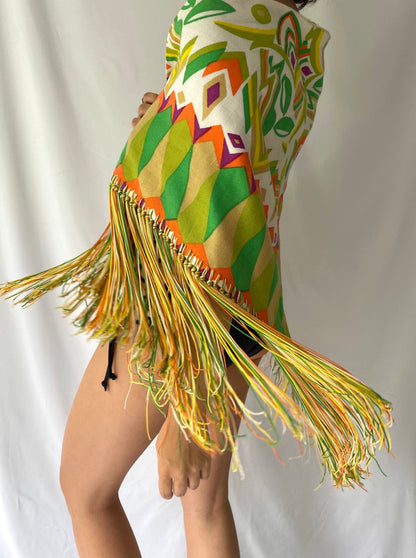 vintage unique green orange large triangle scarf with fringed hem