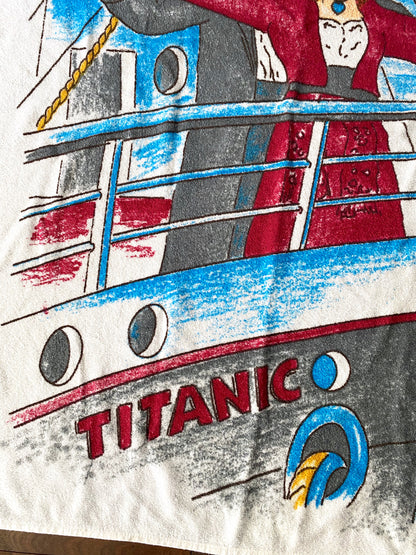 90s vintage Titanic film novelty graphic summer beach towel | terry cloth cartoon illustration vacation James Cameron movie