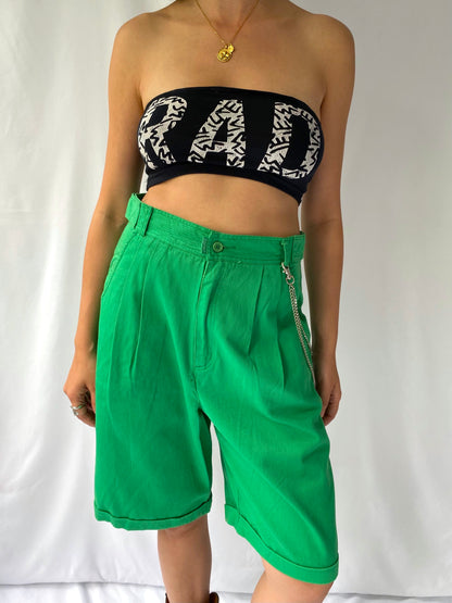 90s vintage green esprit sport pleated long cotton shorts – medium, 28” waist | bright wide leg mom cut bermuda shorts