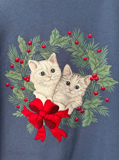 90s vintage blue winter holiday kittens graphic pullover sweatshirt – extra large | christmas wreath cats animal festive collared sweater