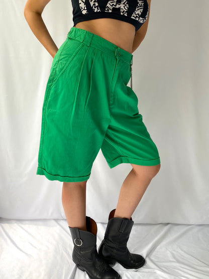 90s vintage green esprit sport pleated long cotton shorts – medium, 28” waist | bright wide leg mom cut bermuda shorts