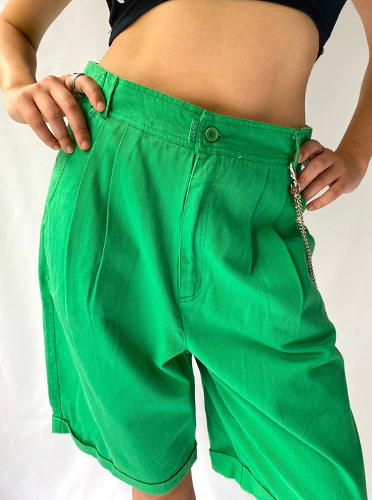 90s vintage green esprit sport pleated long cotton shorts – medium, 28” waist | bright wide leg mom cut bermuda shorts