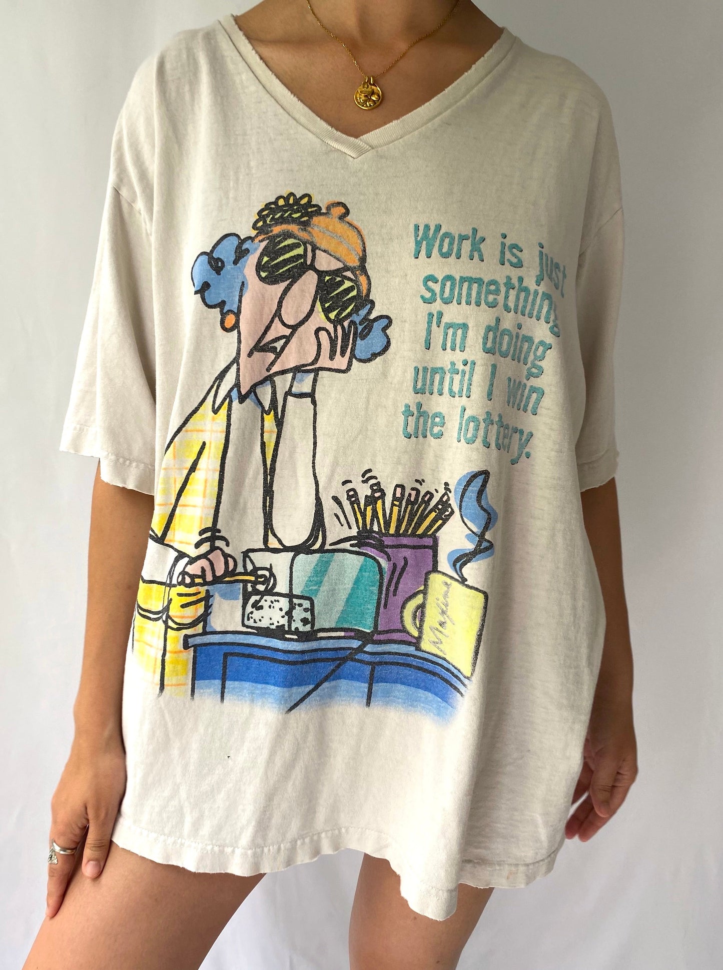 90s vintage distressed work until I win the lottery comic tee shirt – large | oversized faded spellout tshirt