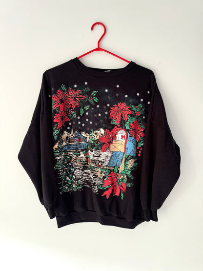 90s vintage black festive holiday scene pullover sweater – small | Christmas winter snowy landscape outdoor graphic crewneck sweatshirt