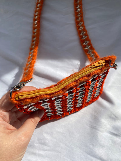 90s vintage orange silver small aluminum soda pop can pull tab bag | handmade upcycled crochet crossbody wallet pouch