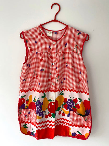 60s 70s vintage red white fruit cherries vest top – small medium | country artist smock tunic apron