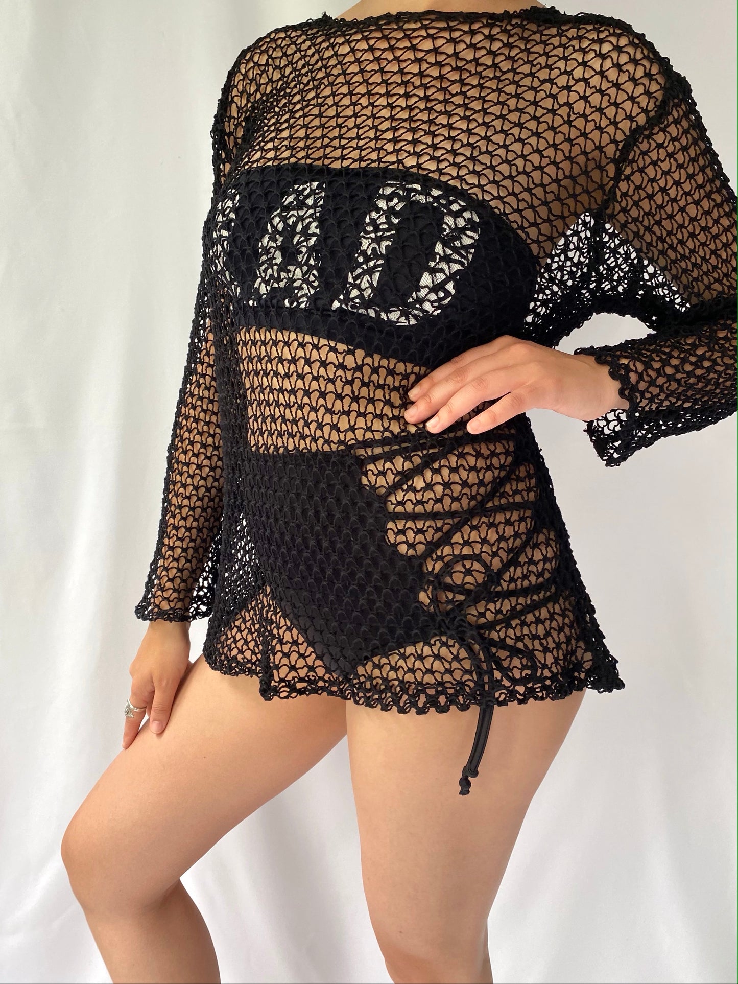 90s vintage black sheer net mesh see through long sleeved top – | grunge goth stretchy cover up shirt blouse