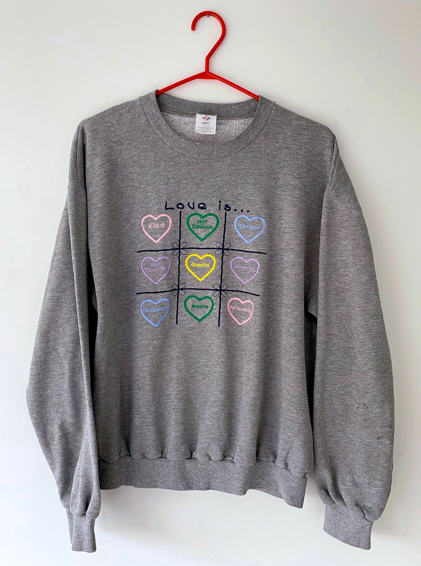 90s vintage grey pastel love heart crewneck pullover sweatshirt – large | cute spellout long sleeve sweater