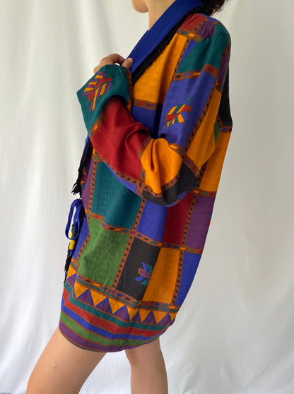 90s vintage multicolor southwestern bohemian fringe long blazer jacket – large | hippie artsy unique boho open front coat