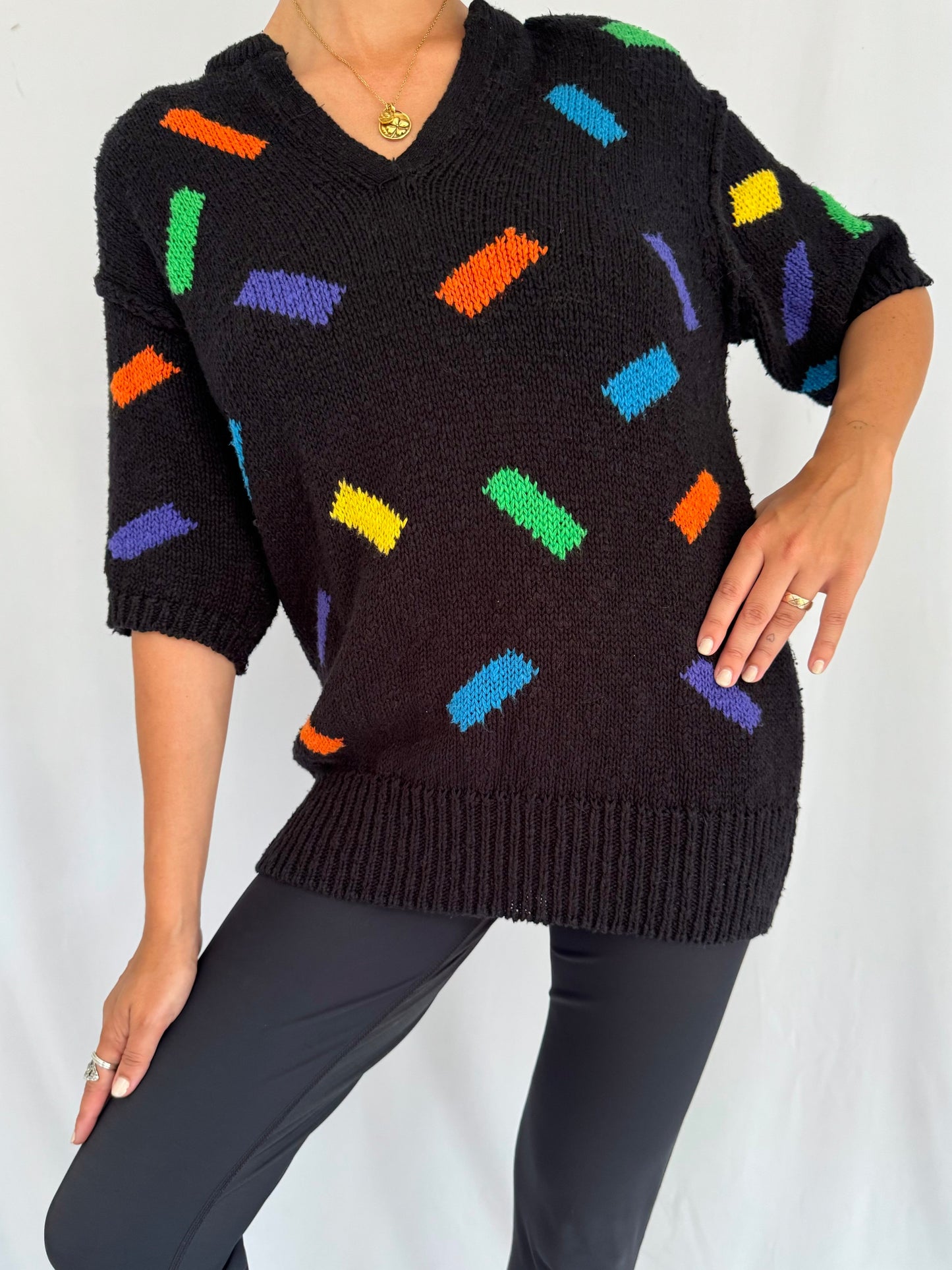 80s vintage black multicolor abstract print short sleeved knit sweater