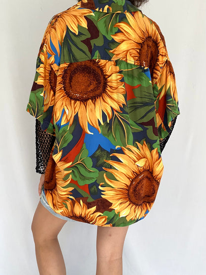 90s vintage sunflower print button up blouse