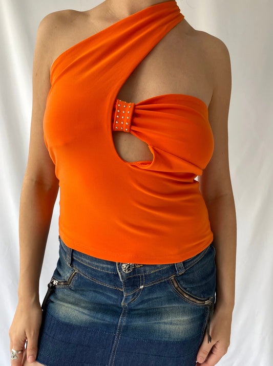 y2k vintage orange asymmetrical cut out tube crop top – small | stretch one shoulder bandeau shirt