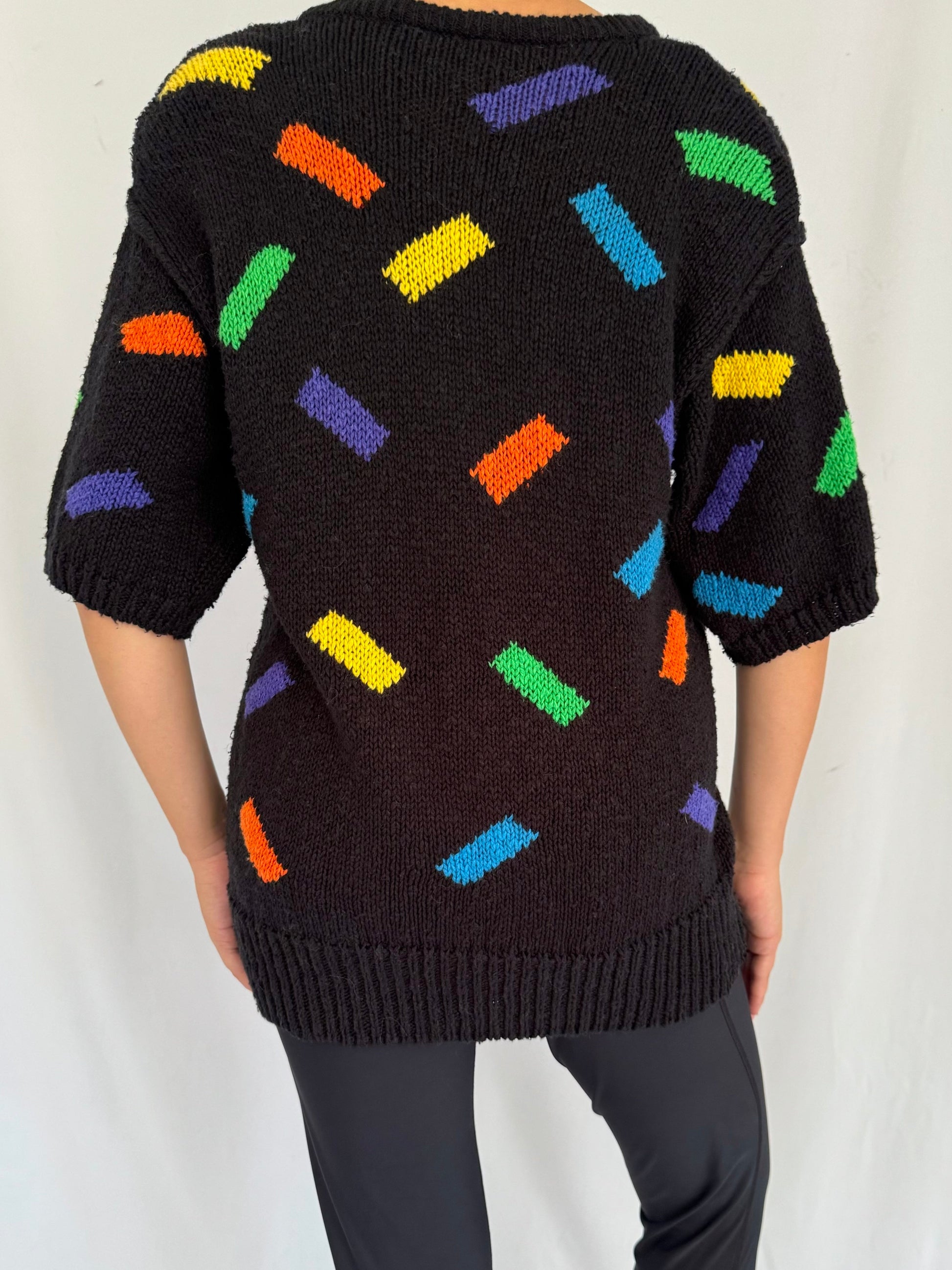 80s vintage black multicolor abstract print short sleeved knit sweater