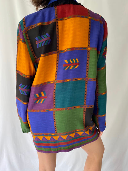 90s vintage multicolor southwestern bohemian fringe long blazer jacket – large | hippie artsy unique boho open front coat