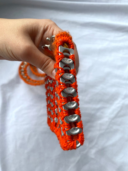 90s vintage orange silver small aluminum soda pop can pull tab bag | handmade upcycled crochet crossbody wallet pouch