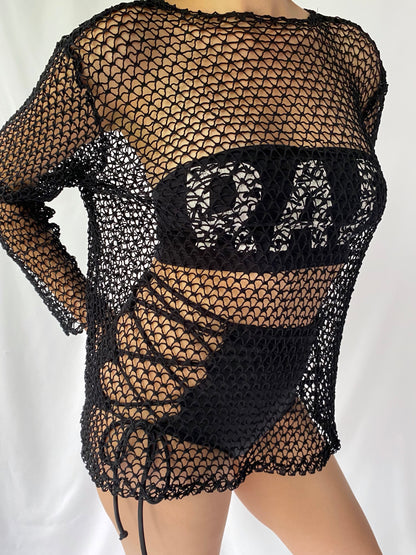 90s vintage black sheer net mesh see through long sleeved top – | grunge goth stretchy cover up shirt blouse