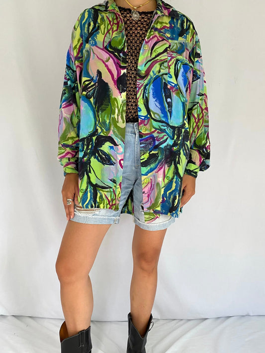 90s vintage multicolor watercolor print button up tunic – small, medium | novelty abstract swirl collared blouse